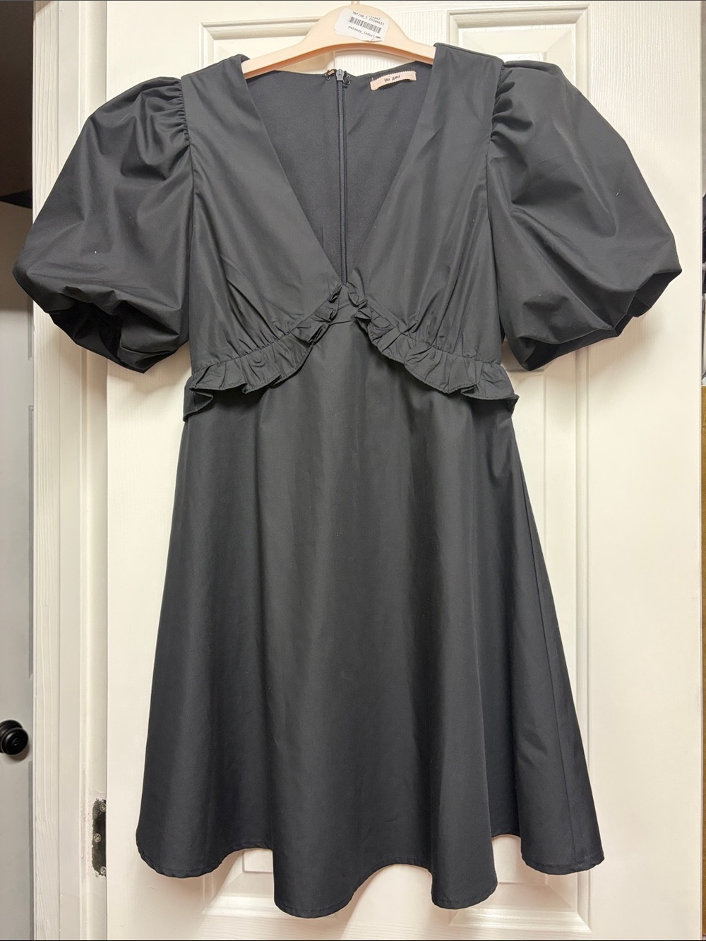 Mi Ami Black V-Neck Puff-Sleeve Mini Dress with Ruffle Trim